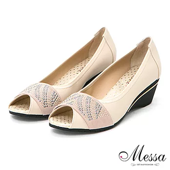 【Messa米莎】(MIT)法式優雅亮片內真皮魚口楔型鞋-兩色37米色