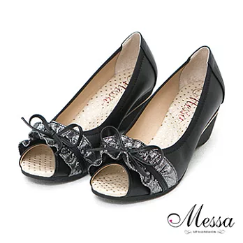 【Messa米莎】(MIT)柔雅浪漫珠光蝴蝶結內真皮魚口楔型鞋-兩色36黑色