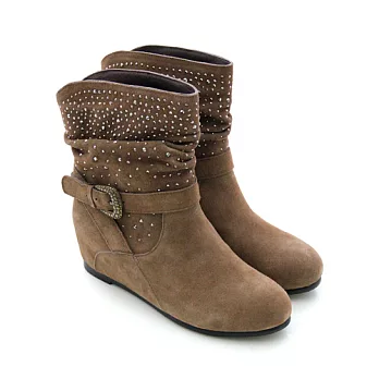 ◤Green Phoenix◥炫麗奪目水鑽壓紋飾扣內增高麂皮短靴39杏色