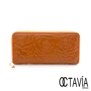 【Octavia 8 真皮】玫瑰園NEW 壓花拉鍊長夾 - 棕