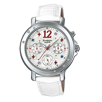 CASIO SHEEN 星空花園霓虹晶鑽腕錶-彩色x白皮帶