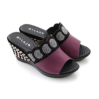 ◤Green Phoenix◥時髦搶眼鑲鑽普普風金屬裝飾楔型拖鞋35紫色