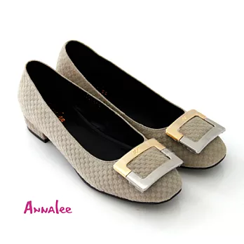 ANNAlee 法式女伶雙色方型裝飾麂皮壓格紋低跟鞋36卡其