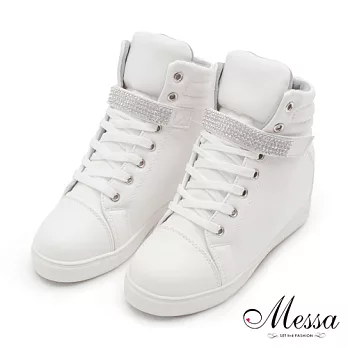 【Messa米莎】韓系奢華水鑽帶飾內增高休閒鞋35白色