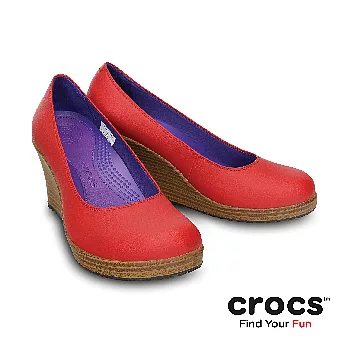 Crocs - 女款 - 蕾麗皮感楔型鞋 -35.5黑紅/胡桃色