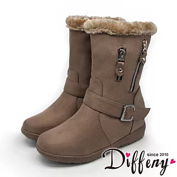 Diffeny 個性率性 滾毛邊拼接拉鍊造型楔型中筒靴-咖 36