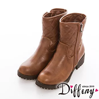 Diffeny 街頭焦點 經典復古菱格紋雙側拉鍊短靴-咖 36
