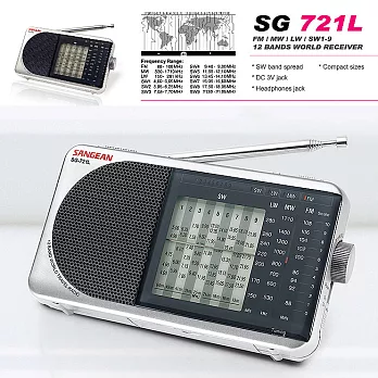 山進收音機SANGEAN-十二波段指針式收音機(調頻/調幅/長波/短波1-9)SG-721L銀