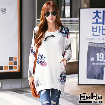 T恤 寬鬆蝙蝠袖印花不規則長版上衣 白色-HeHa-L*