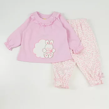 【愛的世界】MYBABY小白兔系列純棉荷葉領長袖套裝-台灣製-80粉紅色