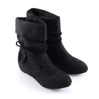 【Pretty】2way簡約蝴蝶結反摺絨布中筒靴37黑色