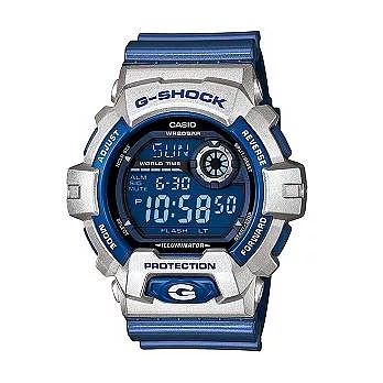 CASIO G-SHOCK 色彩革命機動年代時尚運動限量腕錶-藍+銀-G-8900CS-8