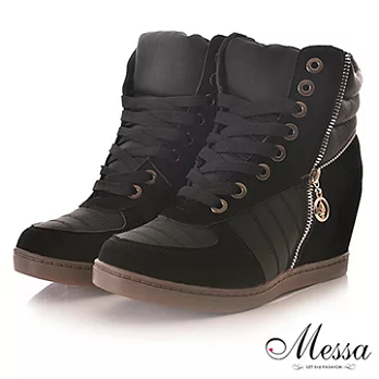【Messa米莎】韓系拼接綁帶拉鍊式內增高休閒鞋-三色36黑色
