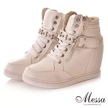 【Messa米莎】個性鉚釘金屬搖滾隱形內增高運動鞋-兩色36白色
