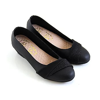 【Pretty】優雅簡約金蔥拼接楔型低跟包鞋23.5黑色