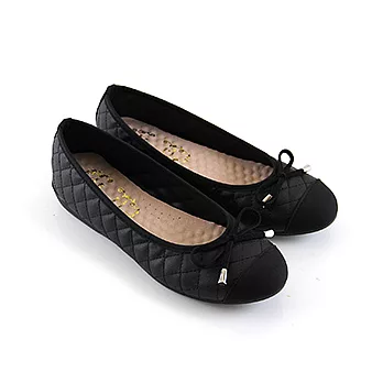【Pretty】優雅蝴蝶結菱格紋拼接娃娃鞋24.5黑色