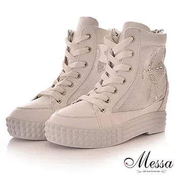【Messa米莎】韓版高質感水鑽十字架內增高運動鞋-白色36白色
