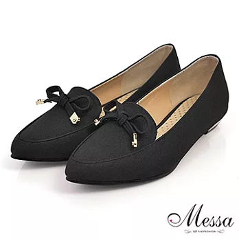 【Messa米莎】(MIT)午茶時光尖頭蝴蝶結內真皮樂福低跟包鞋－三色36黑色