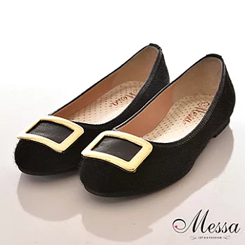 【Messa米莎】(MIT)好萊塢巨星風金屬框飾馬絨內真皮平底包鞋-三色35黑色