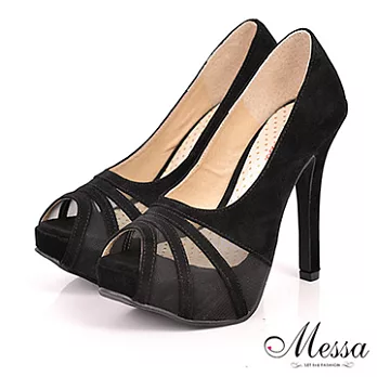 【Messa米莎】(MIT)仕女風紗質鏤空內真皮魚口高跟鞋-兩色35黑色