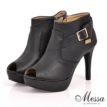 【Messa米莎】(MIT)韓版性感女人皮帶飾扣魚口細跟踝靴-兩色35黑色