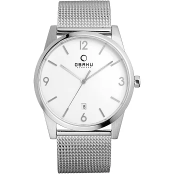 OBAKU 極致深焙簡約日期腕錶-銀框白x米蘭帶