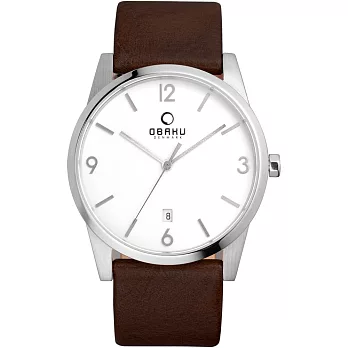 OBAKU 極致深焙簡約日期腕錶-銀框白x褐帶