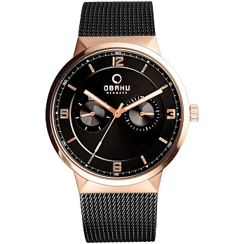 OBAKU 浩瀚星宇雙眼日期腕錶-金框x黑米蘭帶