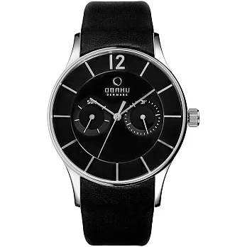 OBAKU 靜心冥想簡約日期腕錶-銀框黑x黑帶