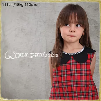 Panpantutu 花瓣領口洋裝-紅格紋90紅