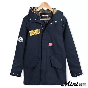 外套 電繡徽章連帽加厚鋪棉外套 四色-Mini嚴選-FREE(深藍)