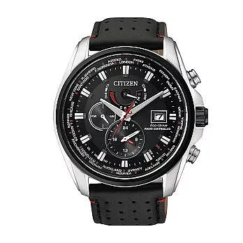 CITIZEN 轉動世界眼界5局電波時尚光動能腕錶-黑膠-AT9037-05E