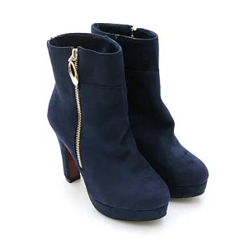 【Pretty】簡約絨面側拉鍊高跟防水台短靴38藍色
