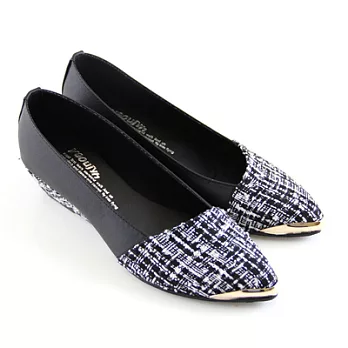 【Pretty】質感金蔥拼接金邊楔型尖頭包鞋23.5黑白