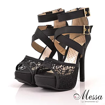 【Messa米莎】(MIT) 赫卡忒蕾絲面腳踝環帶式內真皮高跟鞋-兩色35黑色