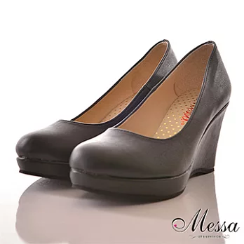 【Messa米莎】(MIT) 小資女孩必備低調素色經典內真皮楔型包鞋-三色35黑色