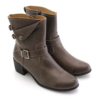 ◤Green Phoenix◥復古街頭翻領皮飾扣全真皮粗跟短靴7可可