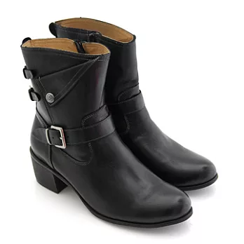 ◤Green Phoenix◥復古街頭翻領皮飾扣全真皮粗跟短靴5黑色