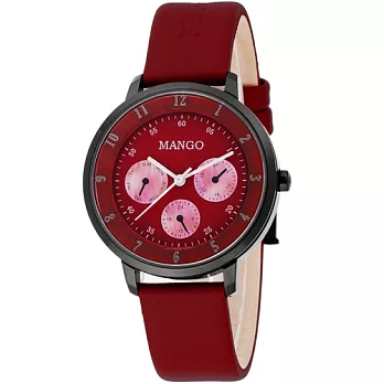 MANGO 漫步品味三眼時尚腕錶-紅/36mm