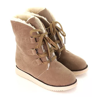 【Pretty】時尚甜美暖暖絨毛內裡綁帶短靴23卡其