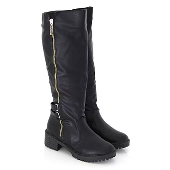 【Pretty】暖暖內鋪毛個性皮帶環繞側拉鍊低跟長靴36黑色