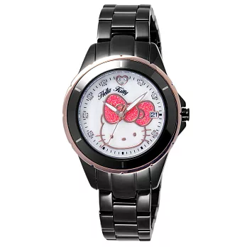 HELLO KITTY 時尚女神氣質腕錶-玫瑰金框白x黑