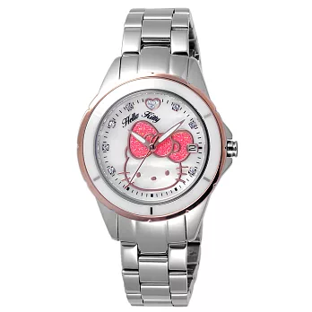 HELLO KITTY 時尚女神氣質腕錶-玫瑰金框白x銀