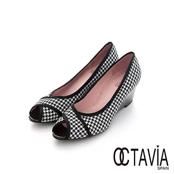 OCTAVIA -CROCS 千鳥格紋魚口楔型高跟鞋 - 黑白格35黑白格