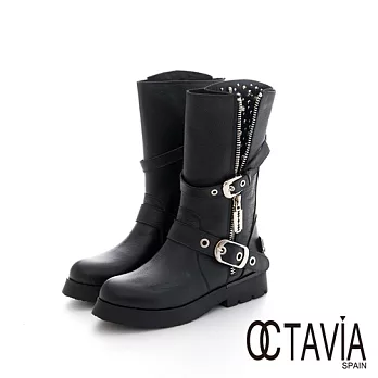 OCTAVIA - 重金屬之樂 雙排扣之開口半筒平底靴 - 看見黑37看見黑