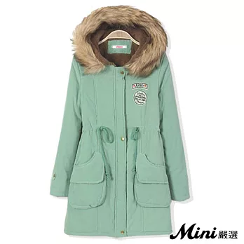 外套 加厚加絨長版連帽軍章鋪棉外套 五色-Mini嚴選-L(淺綠)