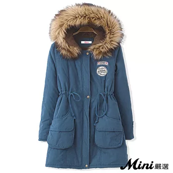 外套 加厚加絨長版連帽軍章鋪棉外套 五色-Mini嚴選-XL(牛仔藍)