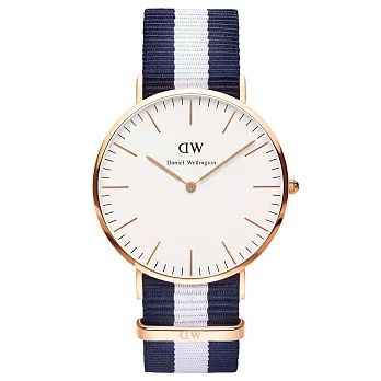 Daniel Wellington Glasgow時尚男錶-/玫瑰金框/藍白寬帶0104DW