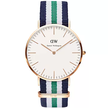 Daniel Wellington Notthingham時尚男錶-/玫瑰金框/藍白綠帶0108DW