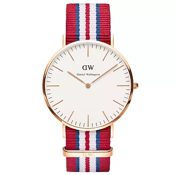 Daniel Wellington Exeter 時尚男錶-/玫瑰金框/紅白藍帶0112DW